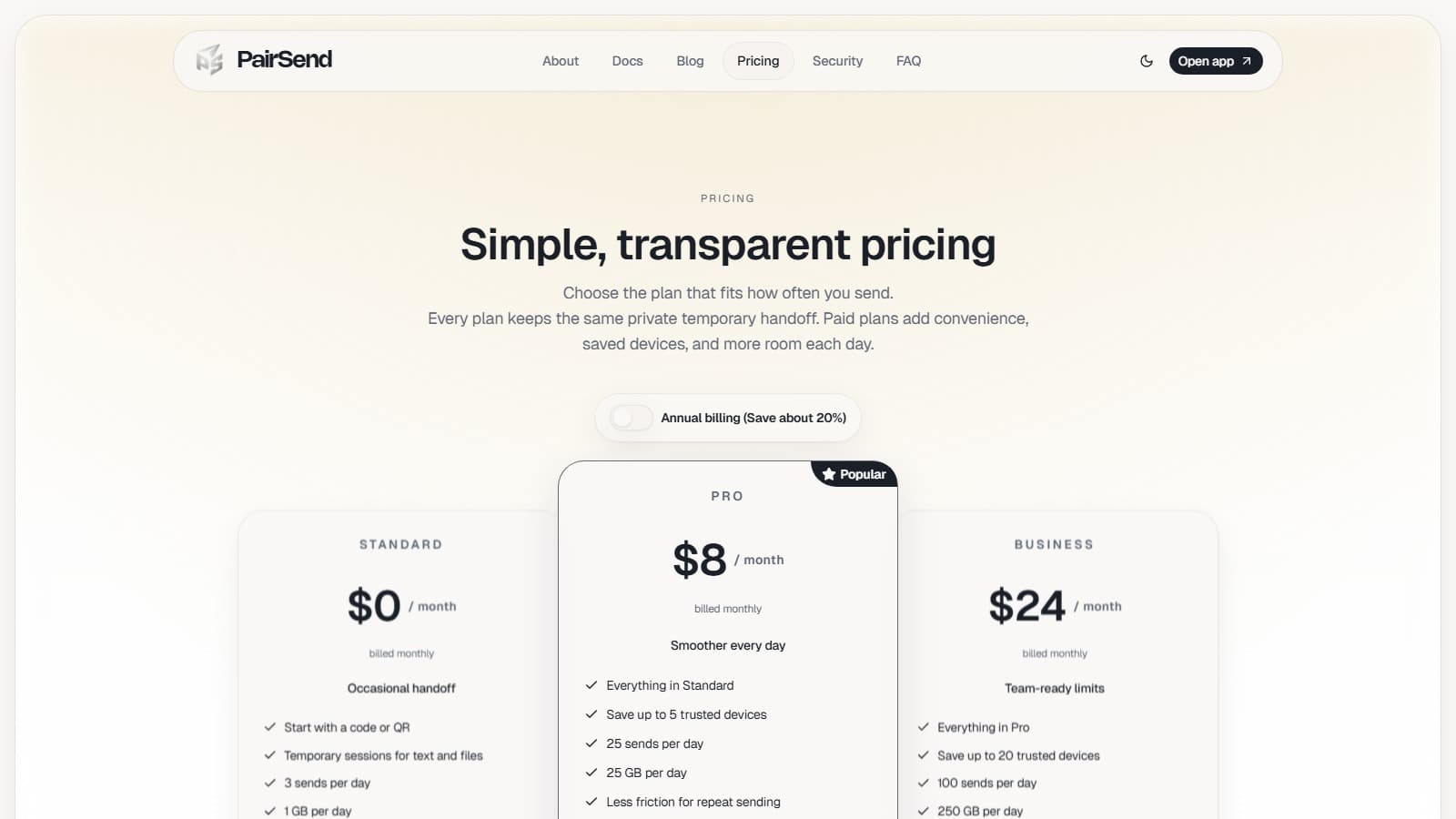 PairSend pricing page