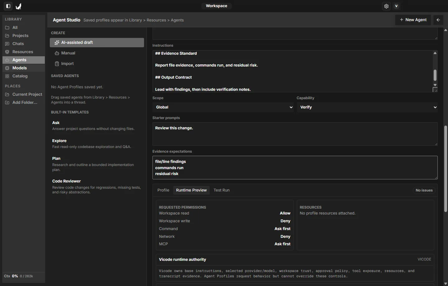 Vicode Windows dark-mode Agent Studio showing role instructions, capabilities, requested permissions, and runtime authority.