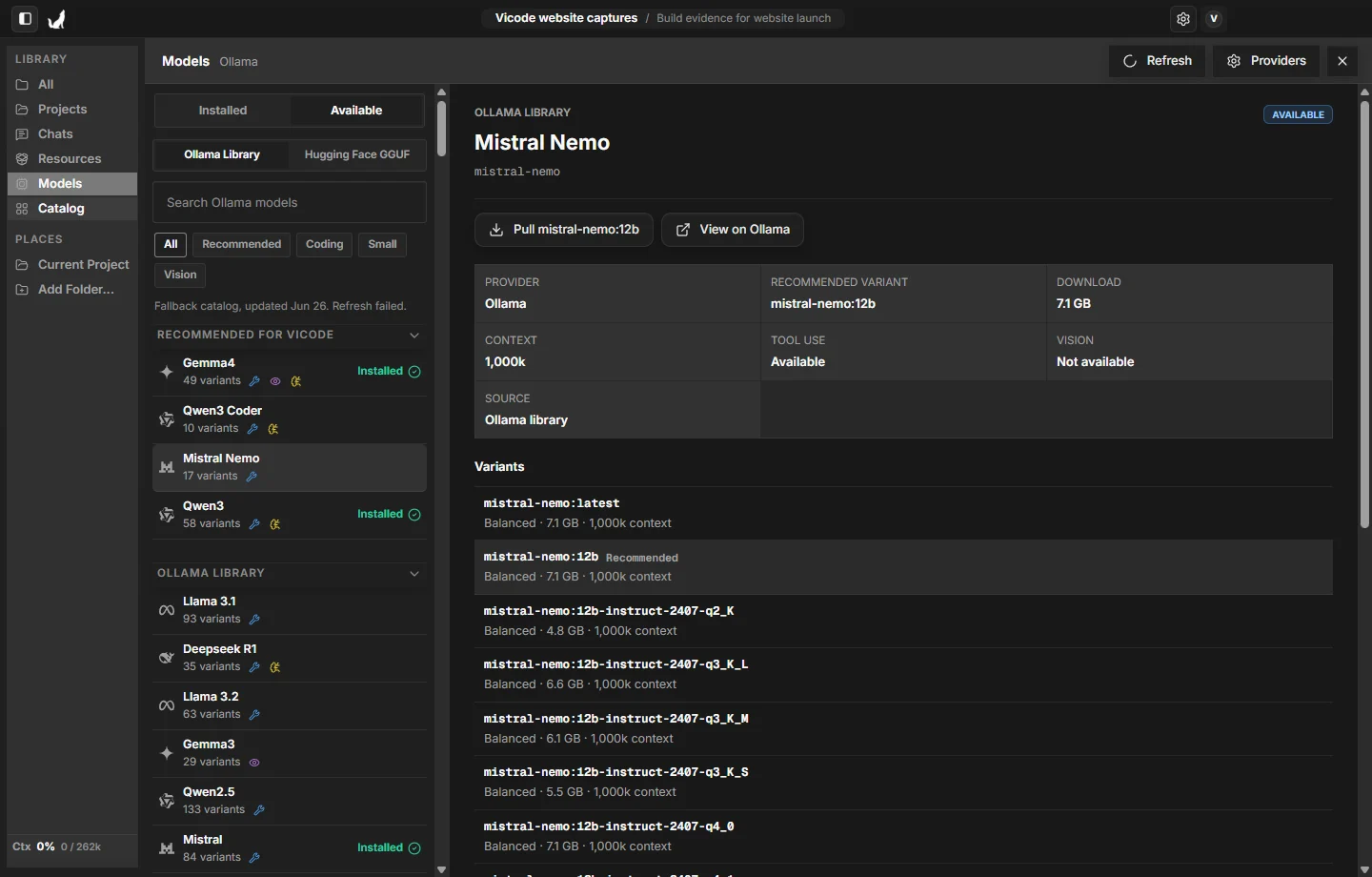 Vicode Windows dark-mode Models screen showing Ollama and Hugging Face model paths inside the app.