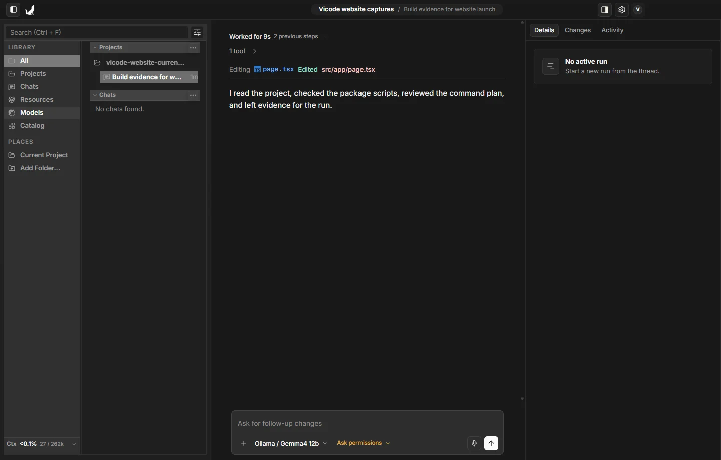 Vicode Windows dark-mode transcript showing live tool evidence, file edits, and command output.